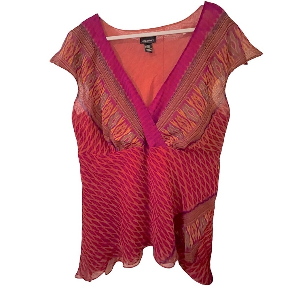 Lane Bryant Boho Multicolored V-Neck Semi Sheer Handkerchief Hem Blouse 22/24